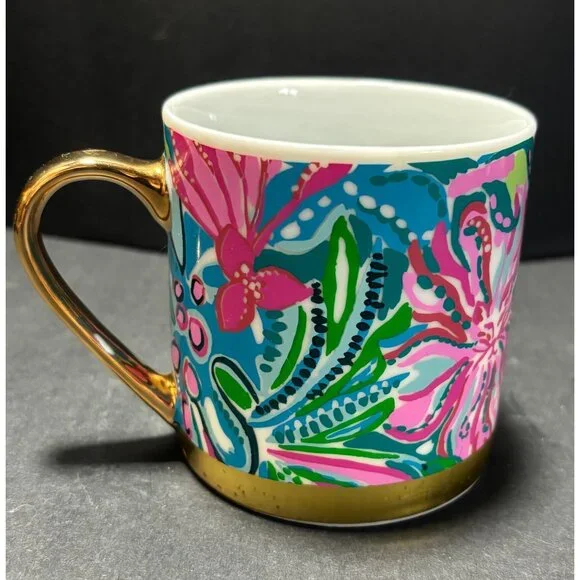 Lilly Pulitzer Happy Hour Ceramic Mug Tone Gold Tone Handle Colorful Floral - Picture 2 of 8